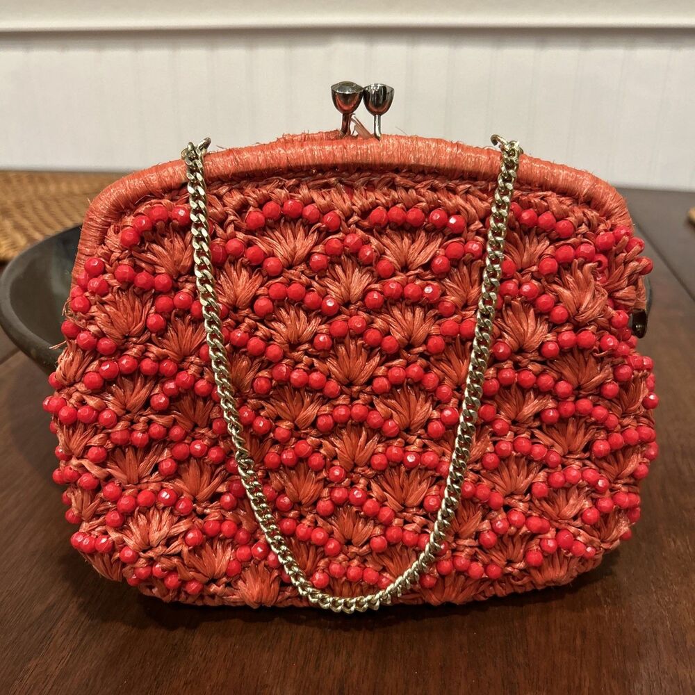 Marcus Brothers of Miami Retro Vintage Yellow Beaded Purse Clutch Japan Red Rare